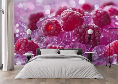  raspberries stacked on ice cubes, arranged on the table Wall mural