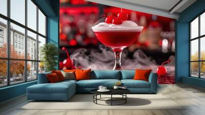   Red drink with whipped cream and cherries on the rim, red bar in background with smoke Wall mural