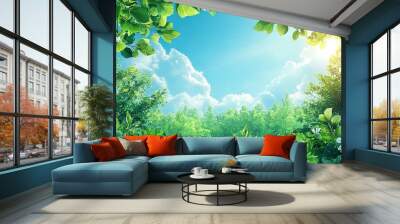   The sun illuminates the tree leaves in the foreground, casting a blue hue on the background sky Wall mural