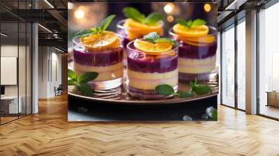  three desserts sitting on a plate with orange slices and mint garnishes on top of each of them. Wall mural