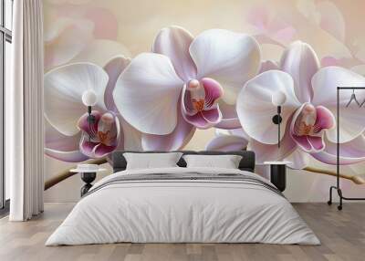   Three white orchids adorn a branch against a backdrop of pink and white blossoms, set against a light pink and beige background Wall mural