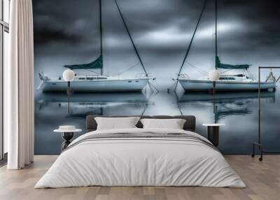   Two boats float above a blue sea beneath gray clouds, with a green flag flying high Wall mural