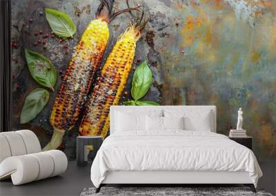  Two corn on the cob, leaves, and pepper sprinkles on metal surface - painting Wall mural