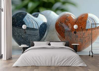   Two heart-shaped vases sit adjacent on a wooden table with a nearby potted plant Wall mural