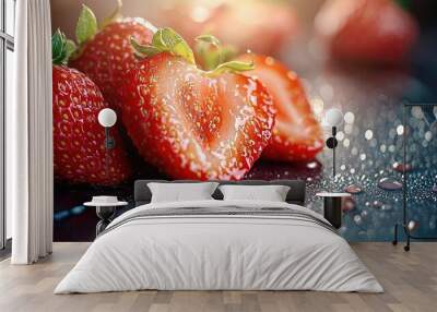   Two strawberries, close-up, drops of water, blurred background Wall mural