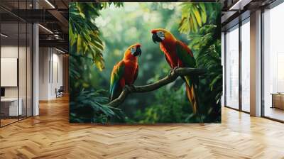   Two vibrant parrots resting on a tree limb amidst lush foliage in a tropical woodland Wall mural