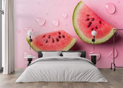   Two watermelon slices on a pink plate with water droplets beside one slice Wall mural