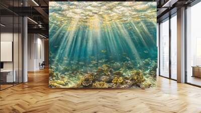   Underwater view of a coral reef with sunlight streaming through the water and fish swimming Wall mural