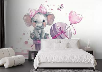  Watercolor portrayal of a baby elephant resting atop a present box with a pink bow on its head Wall mural