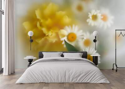 A bouquet of large fresh bright yellow peonies and daisies on a light background in a soft blur filter. Wall mural