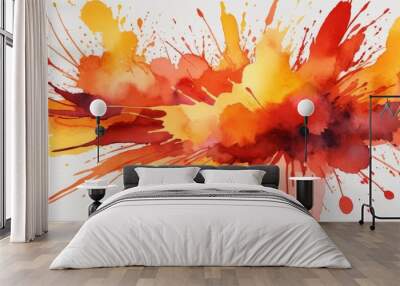 A dynamic display of red, orange, and yellow watercolor splashes creates an energetic composition. The vivid tones blend harmoniously, capturing the essence of warmth and creativity Wall mural