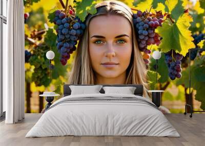 A girl of model appearance with a decoration of grape brushes in her hair against the backdrop of vineyards. Wine harvest concept Wall mural