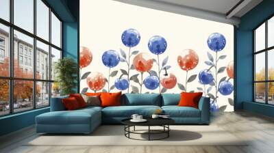 a painting of a bunch of red, white and blue flowers with one blue flower in the middle and one red flower in the middle. Wall mural