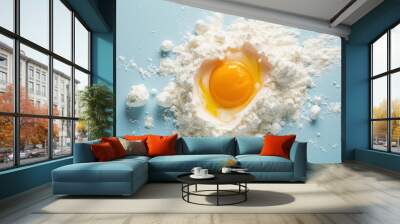 a pile of white powder with an egg in the middle of the bowl on a blue surface with a light blue background. Wall mural