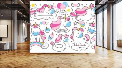 A set of children's illustrations, stickers with unicorns in the style of doodle, cartoon. Isolated on a white background. Cute hearts,ice cream,rainbow,frame. Horses.  Wall mural