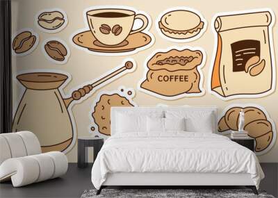 A set of coffee stickers. Cup, turkey, macaroons, cake, coffee beans. Isolated on a white background.	 Wall mural