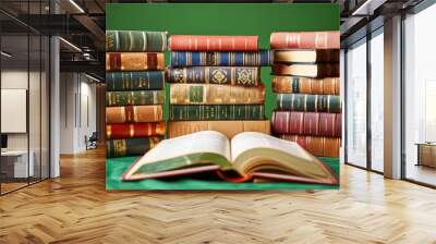 A stack of various books with an open book in front on a green background. Wall mural