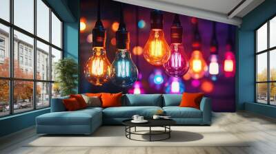 A string of colorful light bulbs hanging from up. The lights create an enchanting atmosphere with their multicolored hues and sparkling effects.  Wall mural