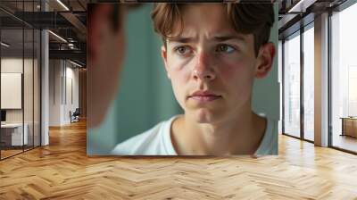 A teenager of 12-14 years old looks in the mirror at a face with pimples and acne, upset. Transitional age, teenage problems Wall mural