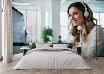 A young woman analyzes marketing charts and other data on a laptop in a modern marketing office. Businesswoman. Wall mural