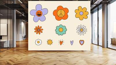 Abstract groovy flowers collection. 70s, 80s, 90s vibes funky floral stickers. Retro nature elements vector illustrations. Vintage nostalgia clipart for card, poster design and print Wall mural