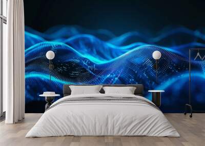 Abstract neon blue waves with glowing dotted patterns, flowing elegantly across a dark background. Wall mural