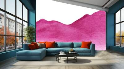 Abstract watercolor background. Textured paper sheet divided horizontally into two wavy parts of white and vivid pink colors. Bright silhouette of mountain chain on white. Hand drawn illustration Wall mural