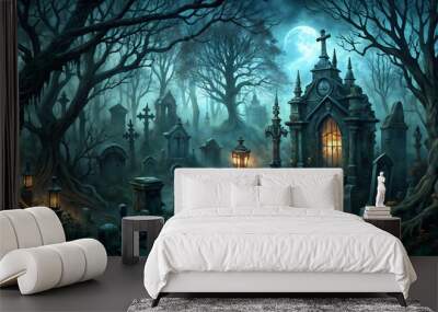 Atmospheric graveyard with ornate tombstones bathed in golden light amidst eerie fog Wall mural