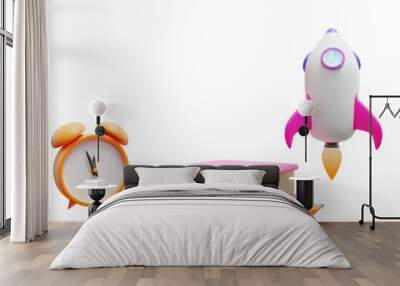 Back to school.Alarm clock, book and rocket. 3d rendering Wall mural