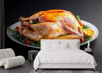 Baked thanksgiving turkey on a white plate on a black background. Wall mural