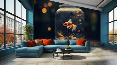 Beautiful bright small goldfish in jar glass aquarium on table indoors. Wall mural