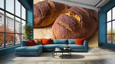 close up for two fresh baked rye bread loafs on a baking paper covered by a white towel Wall mural