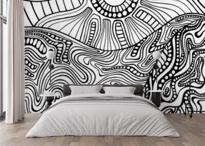 Black and white doodle style landscape with mountain and sun coloring page. Wall mural