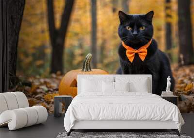 Black cat in autumn forest with pumpkin Wall mural