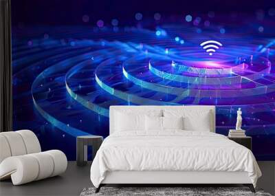 Blue abstract background with a Wi Fi symbol, high-tech futuristic style Wall mural