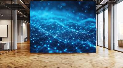 Blue abstract background with interconnected network grid and particles. Wall mural