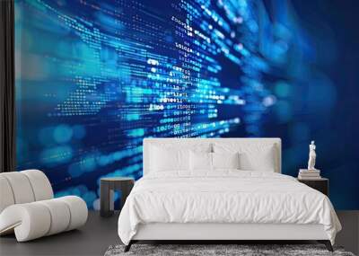 Blurred image of glowing code in blue tones, suggesting digital abstraction. Wall mural