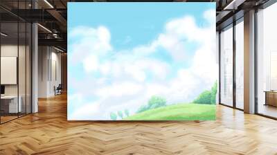 Digital illustration of soft green meadow and blue sky background Wall mural