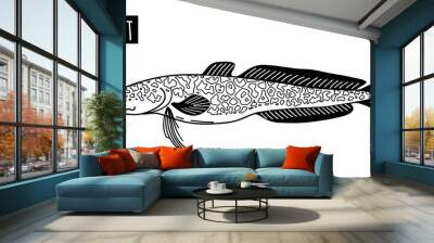 Burbot. Freshwater river fish. Black and white hand drawn illustration Wall mural