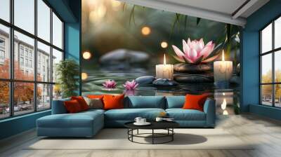 Candles, spa stones, and a lotus flower in a serene spa setting. Wall mural