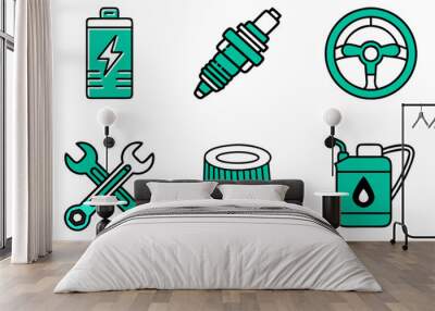 Car repair tools and parts in turquoise style Wall mural