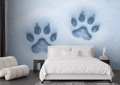 Cat paw prints on fallen white snow Wall mural