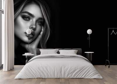 Black and white woman beauty model face. Portrait of sexy girl. Pretty lady with fashion makeup, skin and hair. Glamour female. Young elegant woman isolated on black background. Studio portrait banner Wall mural