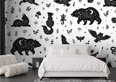 Forest animal pattern. Seamless vector woodland background. Animal pattern design. Wild nature illustration of fox wolf bear rabbit. Moon magic scandinavian print. Cute esoteric kid abstract wallpaper Wall mural