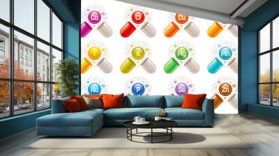 Mineral supplement set - iron, calcium, magnesium, zinc, potassium, iodine, phosphorus, copper, sodium, manganese, selenium. 3d chemical elements, tablet icon collection isolated on white background Wall mural