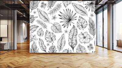 Palm leaf pattern. Seamless vector background. Black and white sketch texture plants. Line floral art. Tropical foliage print design. Palm tree wallpaper pattern, exotic tropic outline flower vintage Wall mural