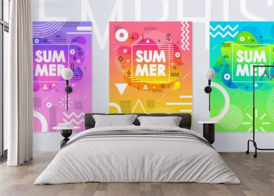 Summer posters with abstract geometric and fluid shapes on gradient background. Vector trendy colorful flyers with typography and fashion style pattern with geometry. Disco party banners Wall mural