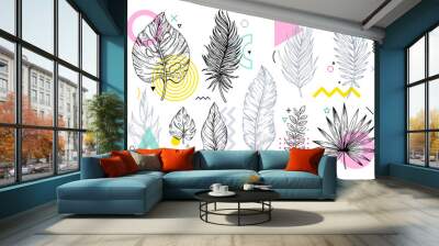 Summer tropical leaf set with geometric memphis style shapes. Cool trendy elements for travel banner, music cover, fashion print. Palm, banana, rainforest plants vector illustration isolated on white Wall mural