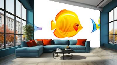 Tropical Fish set. Vector aquarium or sea icons. Coral Reef underwater animals. Isolated ocean life collection. Marine illustration in cartoon style. Exotic blue angelfish, butterfly, surgeon fishes Wall mural