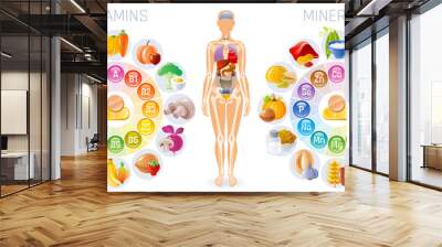 Vitamin, mineral and human body infographic. Nutrition food classification. Magnesium calcium potassium selenium phosphorus zinc mineral, A B C D E vitamin. Healthy supplement for pregnancy, immunity Wall mural